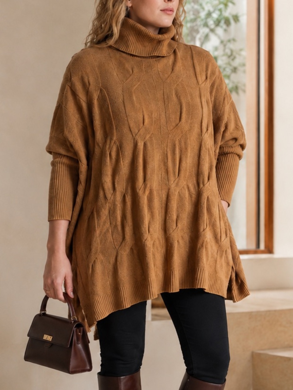 Camel Brown Oversized Turtleneck Poncho Sweater Geometric Lagenlook Colette
